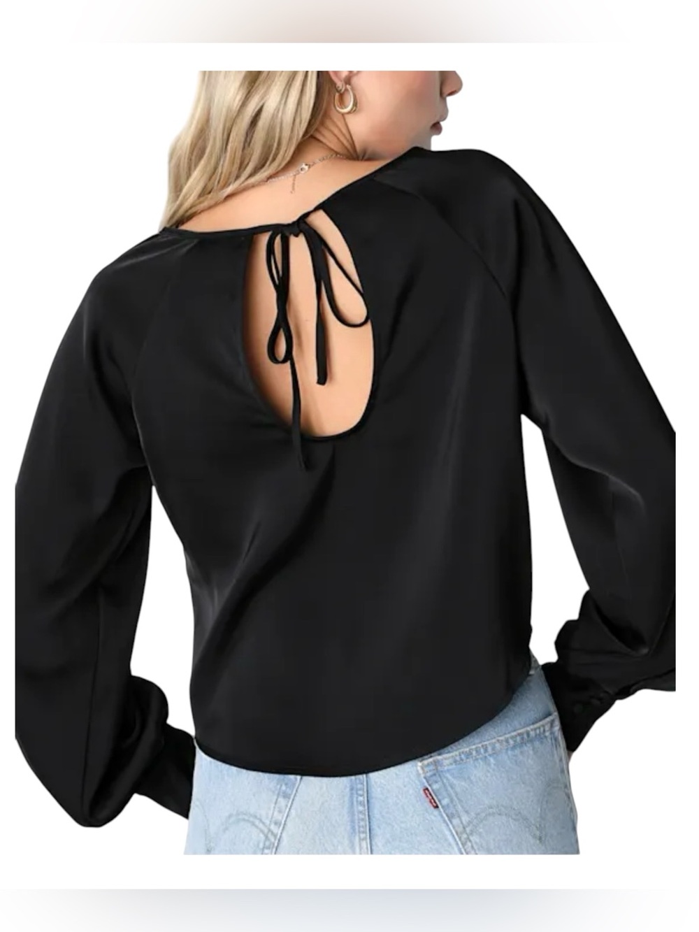NWT Lulus S black satin keyhole back blouse